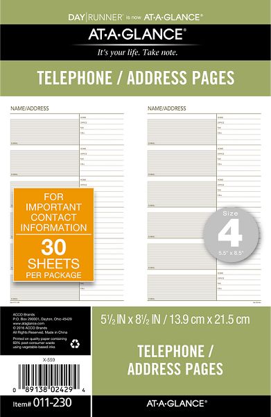 Telephone/Address Planner Pages (011-230) (Item # 011-230)