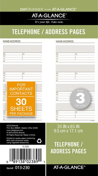 Telephone/Address Planner Pages (013-230) (Item # 013-230)