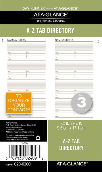 Telephone/Address A-Z Planner Tabs (023-0200) (Item # 023-0200)