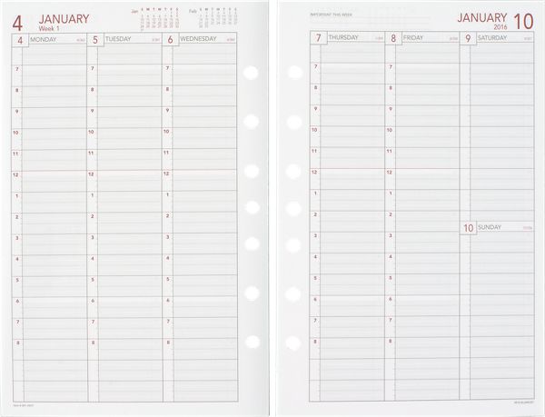 2016 Vertical Weekly Planner Refill - Size 4 (061-485Y_16) (Item # 061-485Y_16)